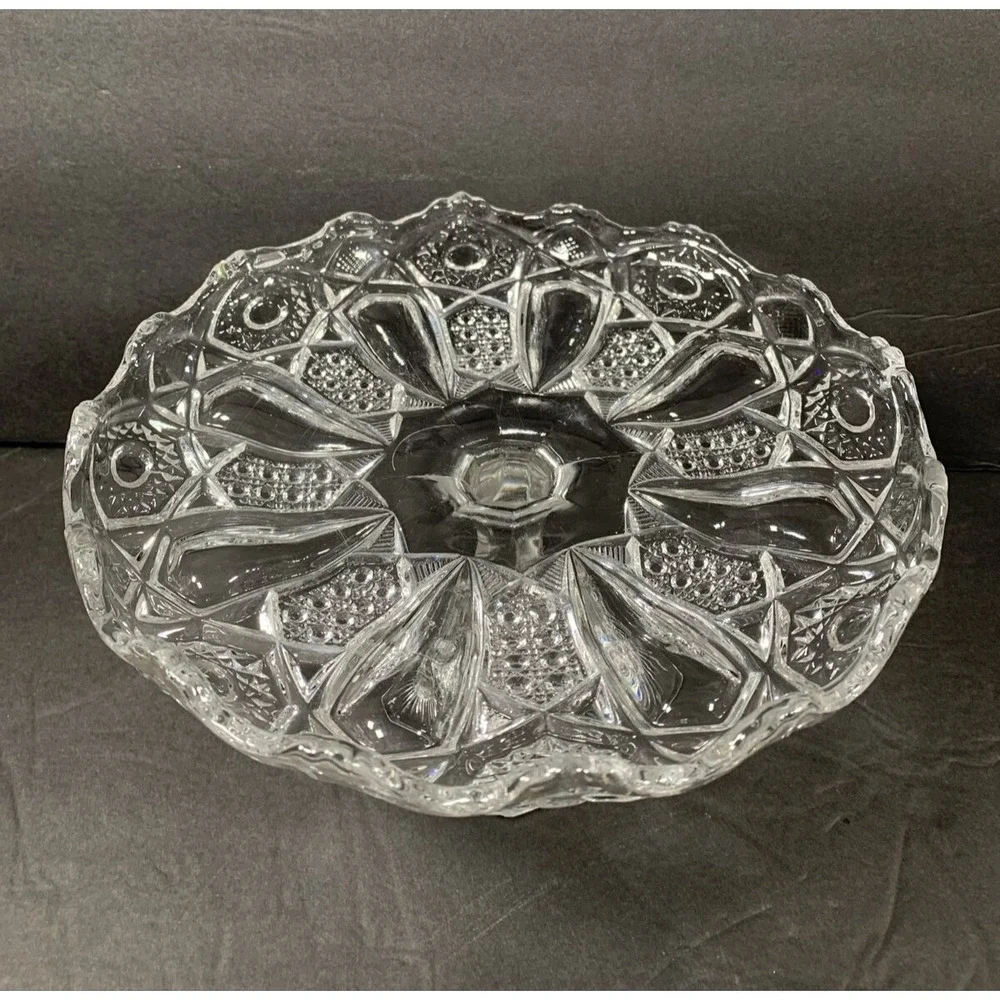 Panama EAPG Clear Pressed Glass Pedestal Cake Stand Scalloped Rim Starburst Base